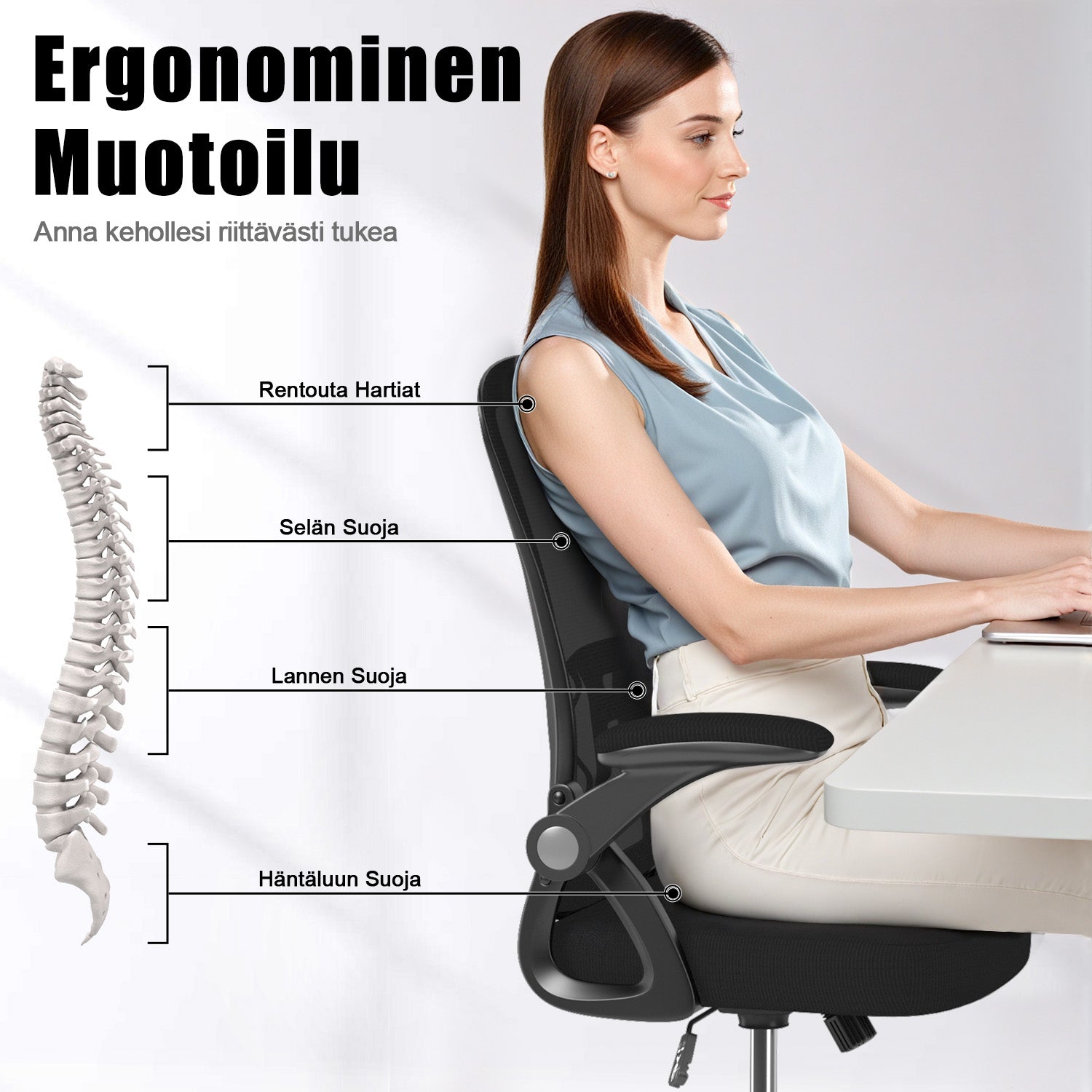 Toimistotuoli Ergonominen Työtuoli, Jossa 90° Ylös Taittuva Käsinoja, Korkeussäädettävä Työtuoli
