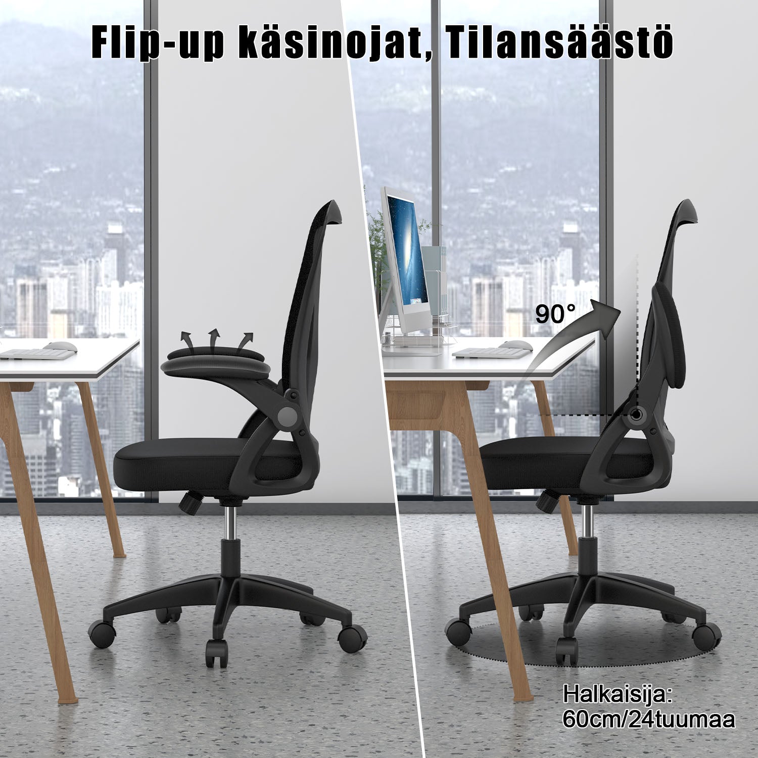 Toimistotuoli Ergonominen Työtuoli, Jossa 90° Ylös Taittuva Käsinoja, Korkeussäädettävä Työtuoli