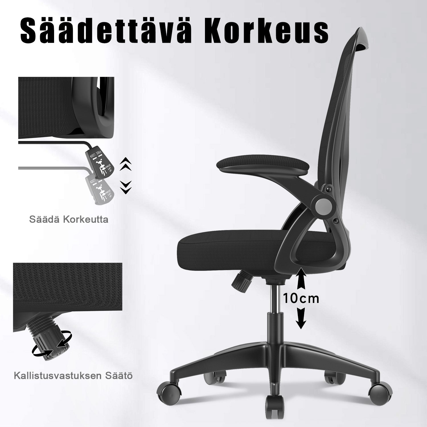 Toimistotuoli Ergonominen Työtuoli, Jossa 90° Ylös Taittuva Käsinoja, Korkeussäädettävä Työtuoli