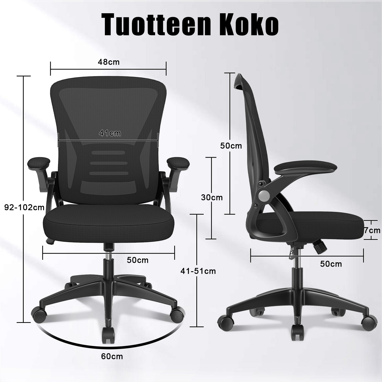 Toimistotuoli Ergonominen Työtuoli, Jossa 90° Ylös Taittuva Käsinoja, Korkeussäädettävä Työtuoli