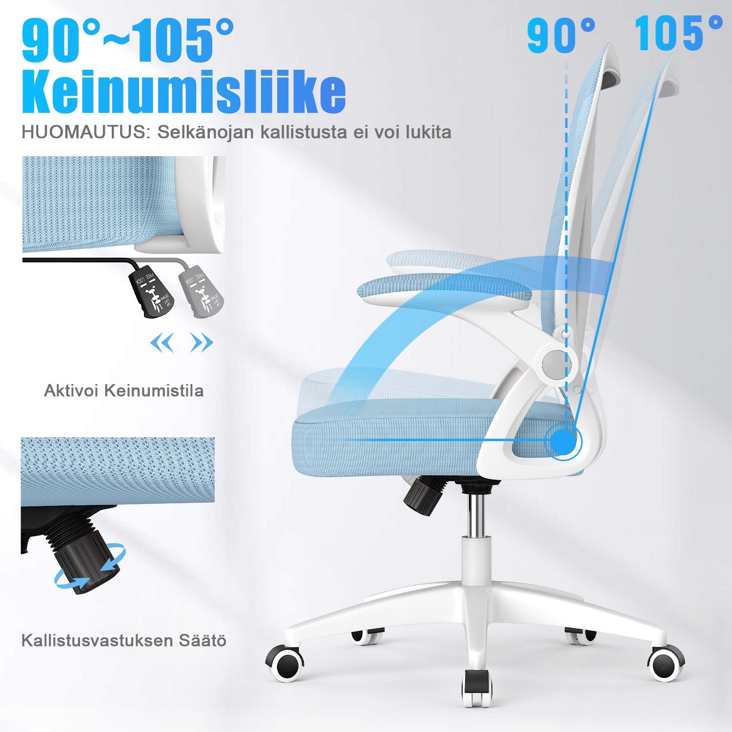Toimistotuoli Ergonominen Työtuoli, Jossa 90° Ylös Taittuva Käsinoja, Korkeussäädettävä Työtuoli