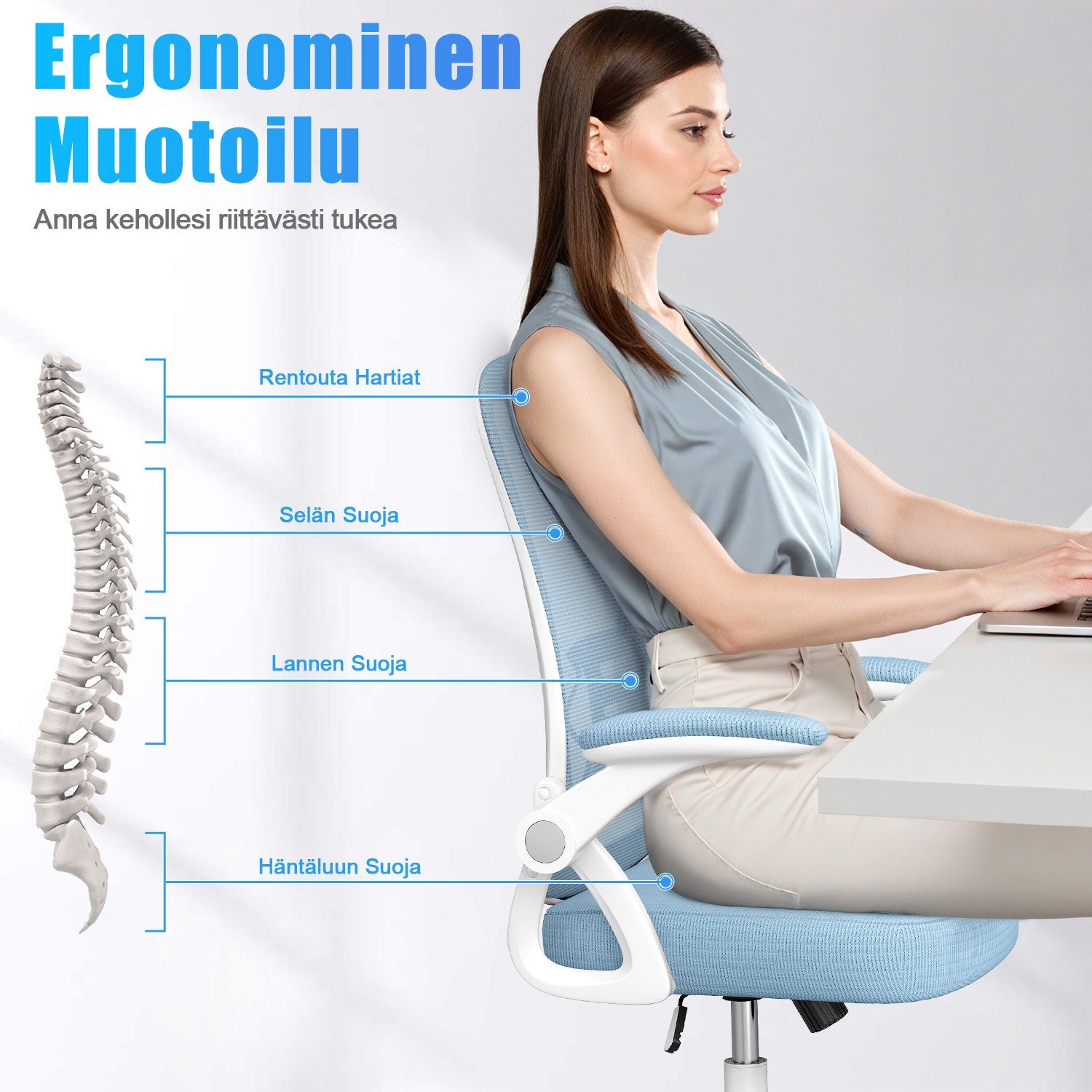 Toimistotuoli Ergonominen Työtuoli, Jossa 90° Ylös Taittuva Käsinoja, Korkeussäädettävä Työtuoli