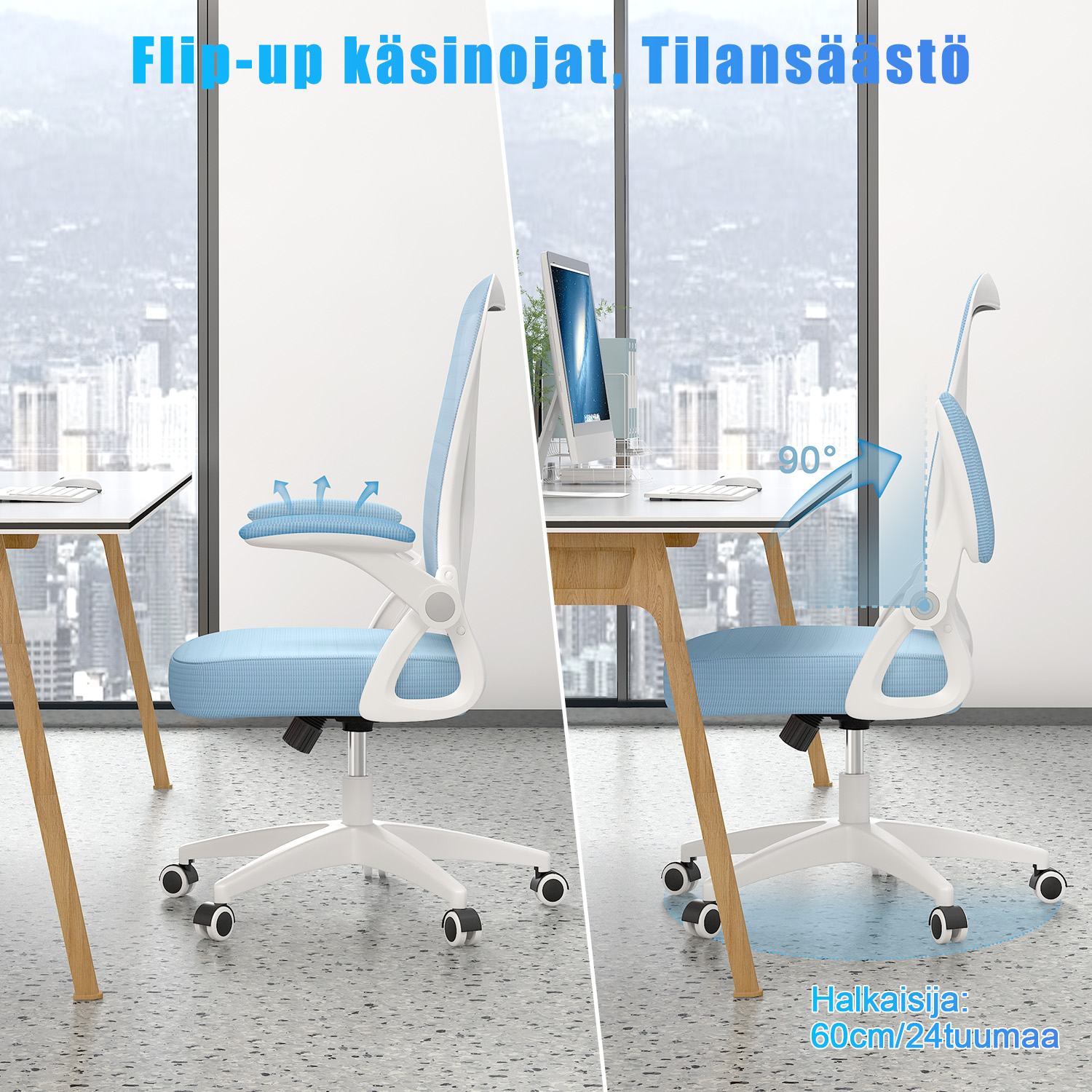 Toimistotuoli Ergonominen Työtuoli, Jossa 90° Ylös Taittuva Käsinoja, Korkeussäädettävä Työtuoli