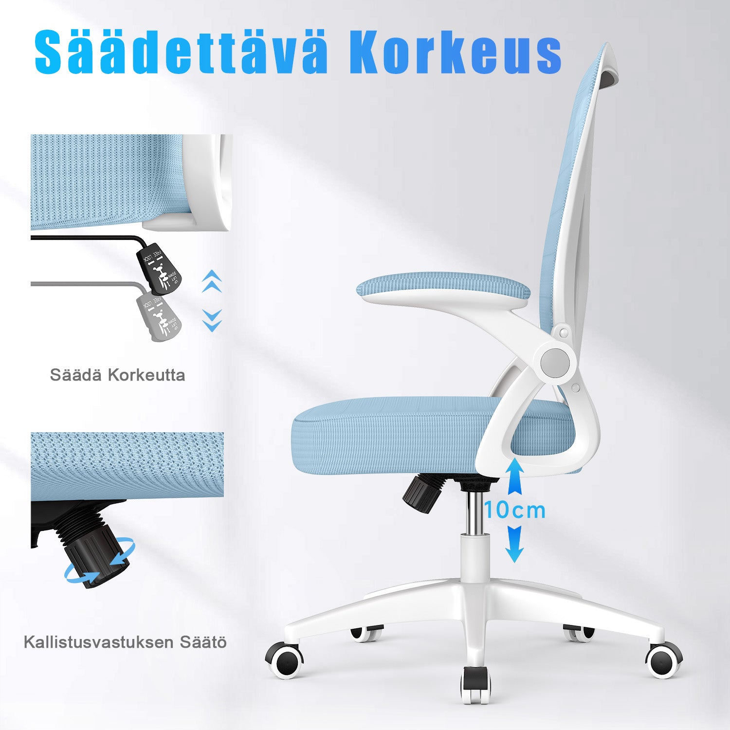 Toimistotuoli Ergonominen Työtuoli, Jossa 90° Ylös Taittuva Käsinoja, Korkeussäädettävä Työtuoli