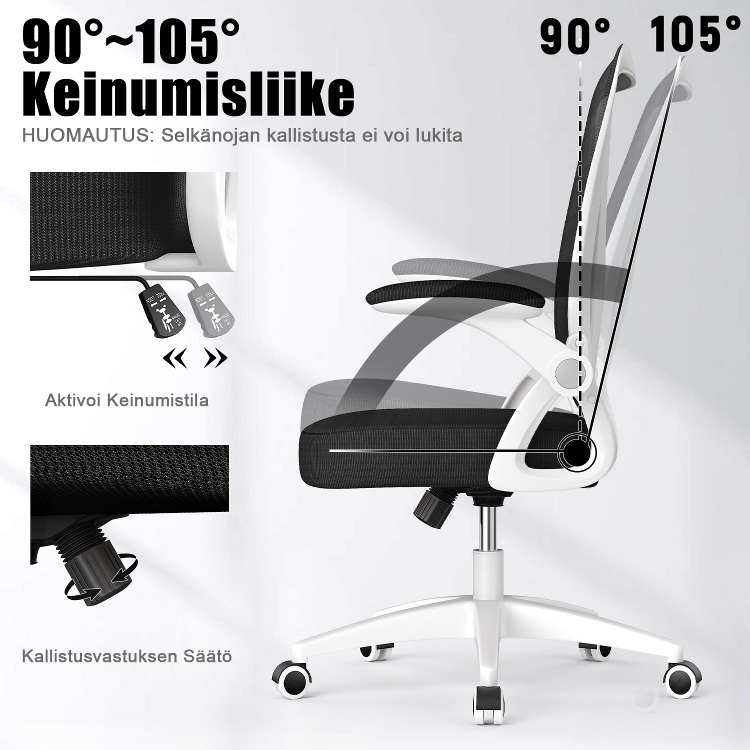 Toimistotuoli Ergonominen Työtuoli, Jossa 90° Ylös Taittuva Käsinoja, Korkeussäädettävä Työtuoli