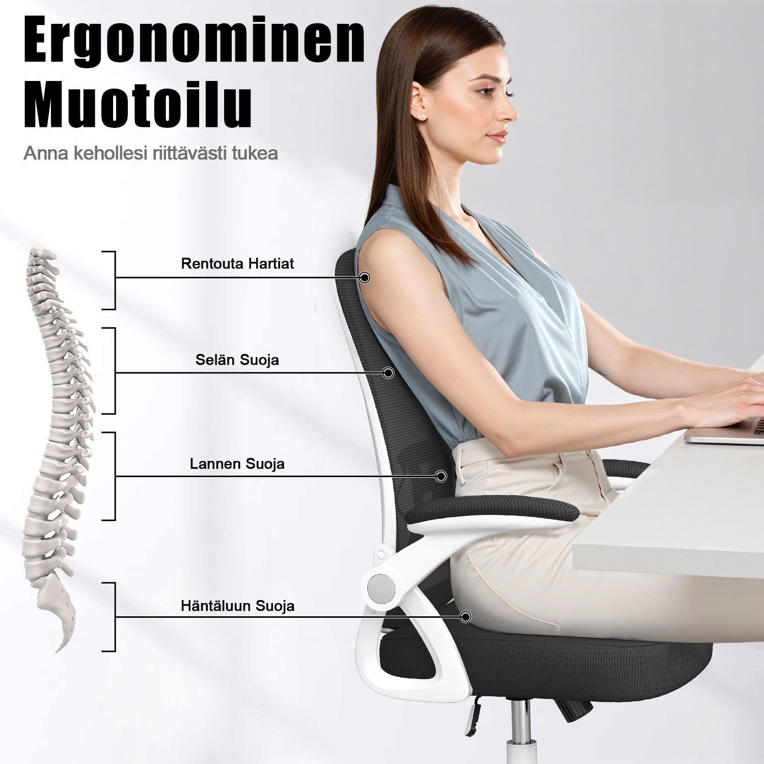 Toimistotuoli Ergonominen Työtuoli, Jossa 90° Ylös Taittuva Käsinoja, Korkeussäädettävä Työtuoli