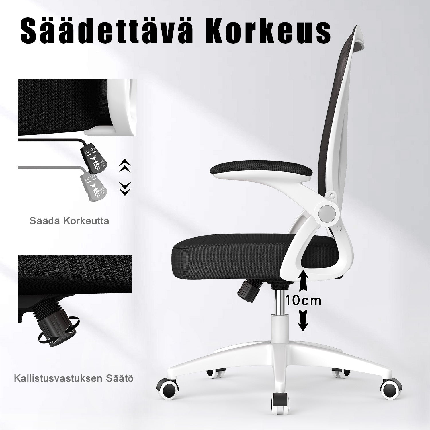 Toimistotuoli Ergonominen Työtuoli, Jossa 90° Ylös Taittuva Käsinoja, Korkeussäädettävä Työtuoli