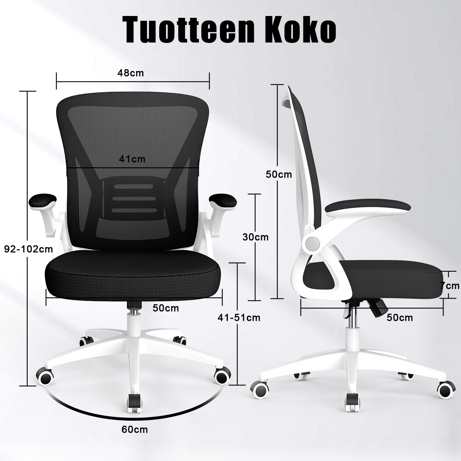 Toimistotuoli Ergonominen Työtuoli, Jossa 90° Ylös Taittuva Käsinoja, Korkeussäädettävä Työtuoli