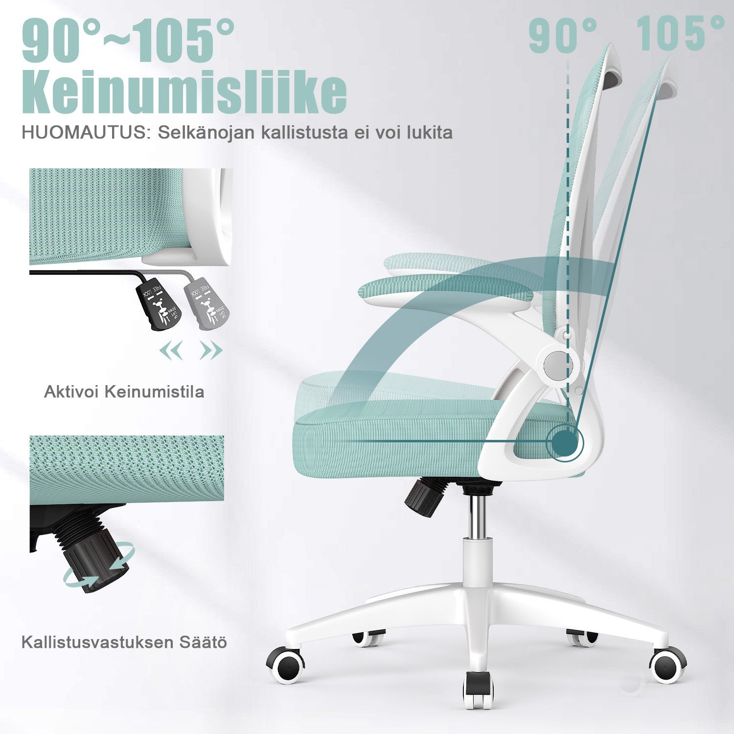 Toimistotuoli Ergonominen Työtuoli, Jossa 90° Ylös Taittuva Käsinoja, Korkeussäädettävä Työtuoli