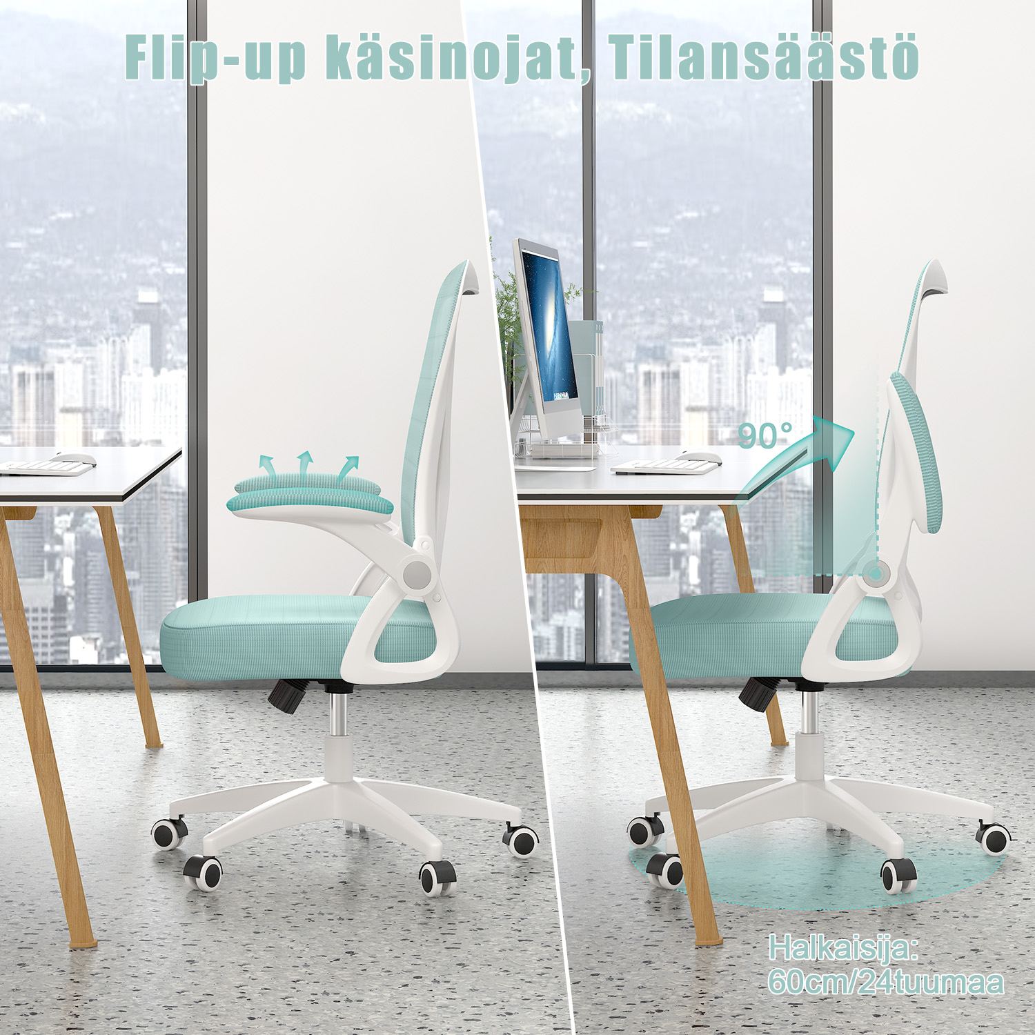 Toimistotuoli Ergonominen Työtuoli, Jossa 90° Ylös Taittuva Käsinoja, Korkeussäädettävä Työtuoli