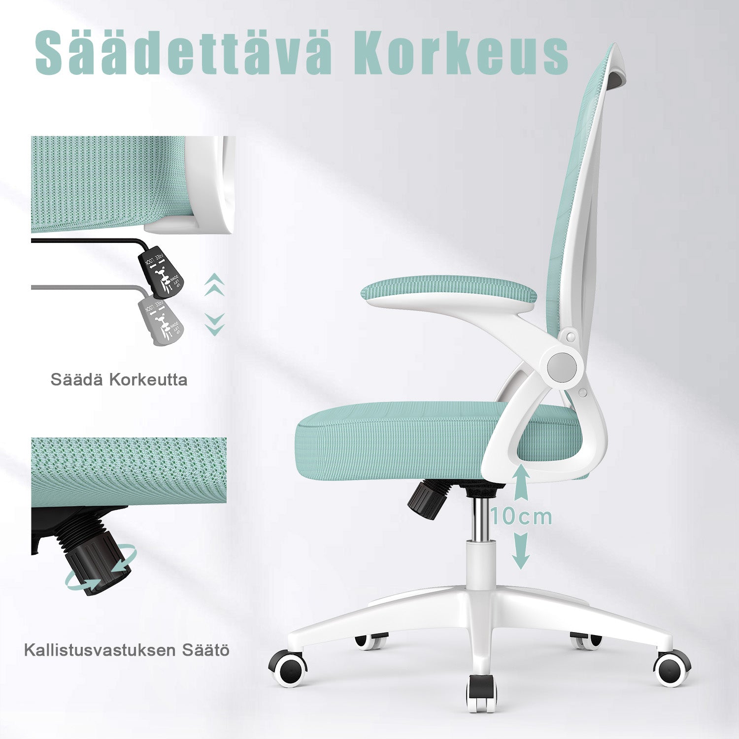 Toimistotuoli Ergonominen Työtuoli, Jossa 90° Ylös Taittuva Käsinoja, Korkeussäädettävä Työtuoli