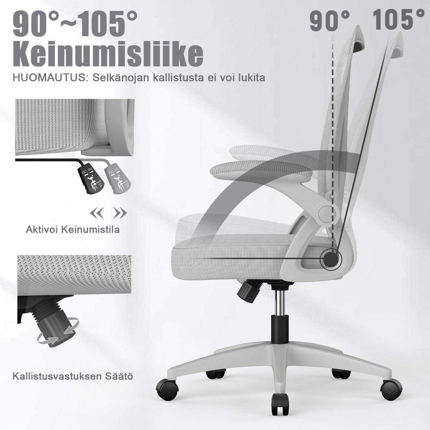 Toimistotuoli Ergonominen Työtuoli, Jossa 90° Ylös Taittuva Käsinoja, Korkeussäädettävä Työtuoli