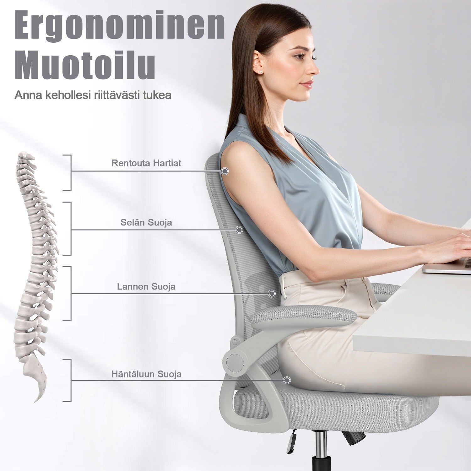 Toimistotuoli Ergonominen Työtuoli, Jossa 90° Ylös Taittuva Käsinoja, Korkeussäädettävä Työtuoli