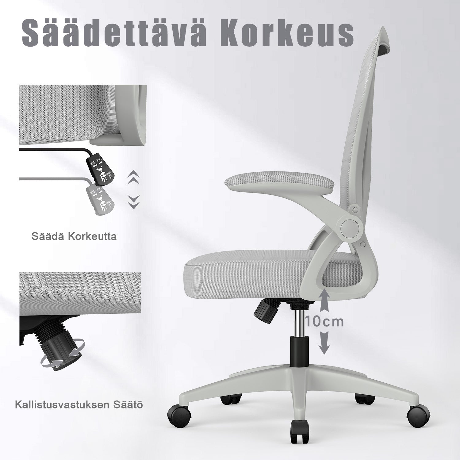Toimistotuoli Ergonominen Työtuoli, Jossa 90° Ylös Taittuva Käsinoja, Korkeussäädettävä Työtuoli