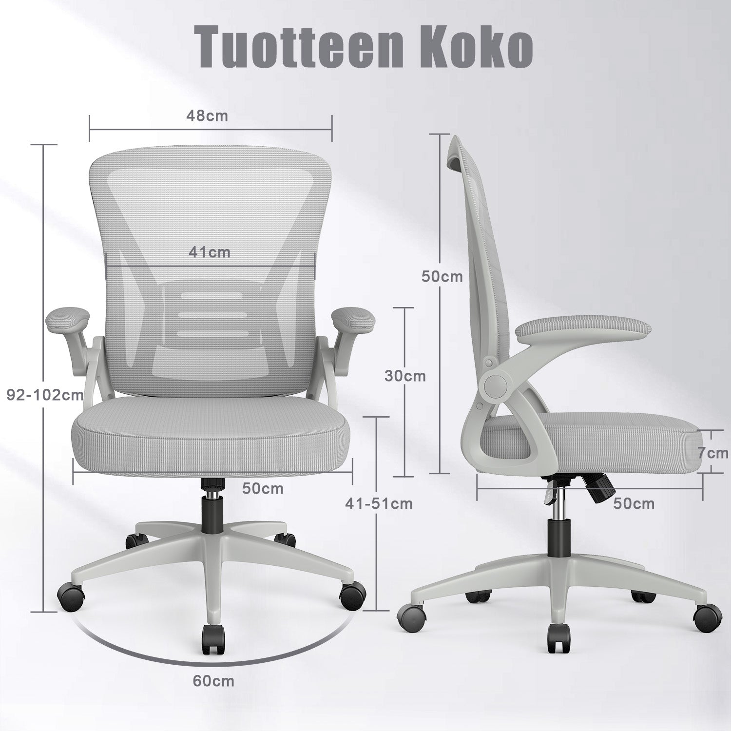 Toimistotuoli Ergonominen Työtuoli, Jossa 90° Ylös Taittuva Käsinoja, Korkeussäädettävä Työtuoli