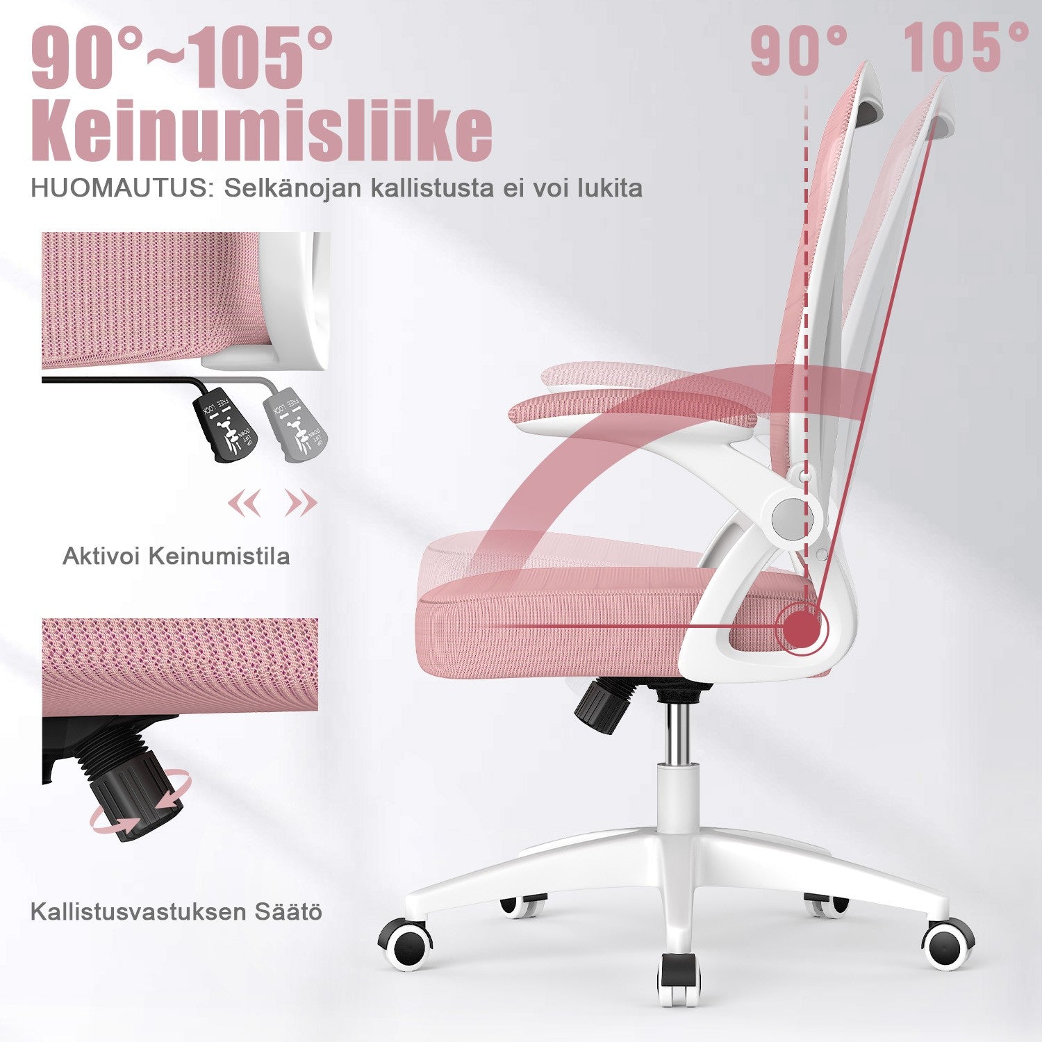 Toimistotuoli Ergonominen Työtuoli, Jossa 90° Ylös Taittuva Käsinoja, Korkeussäädettävä Työtuoli