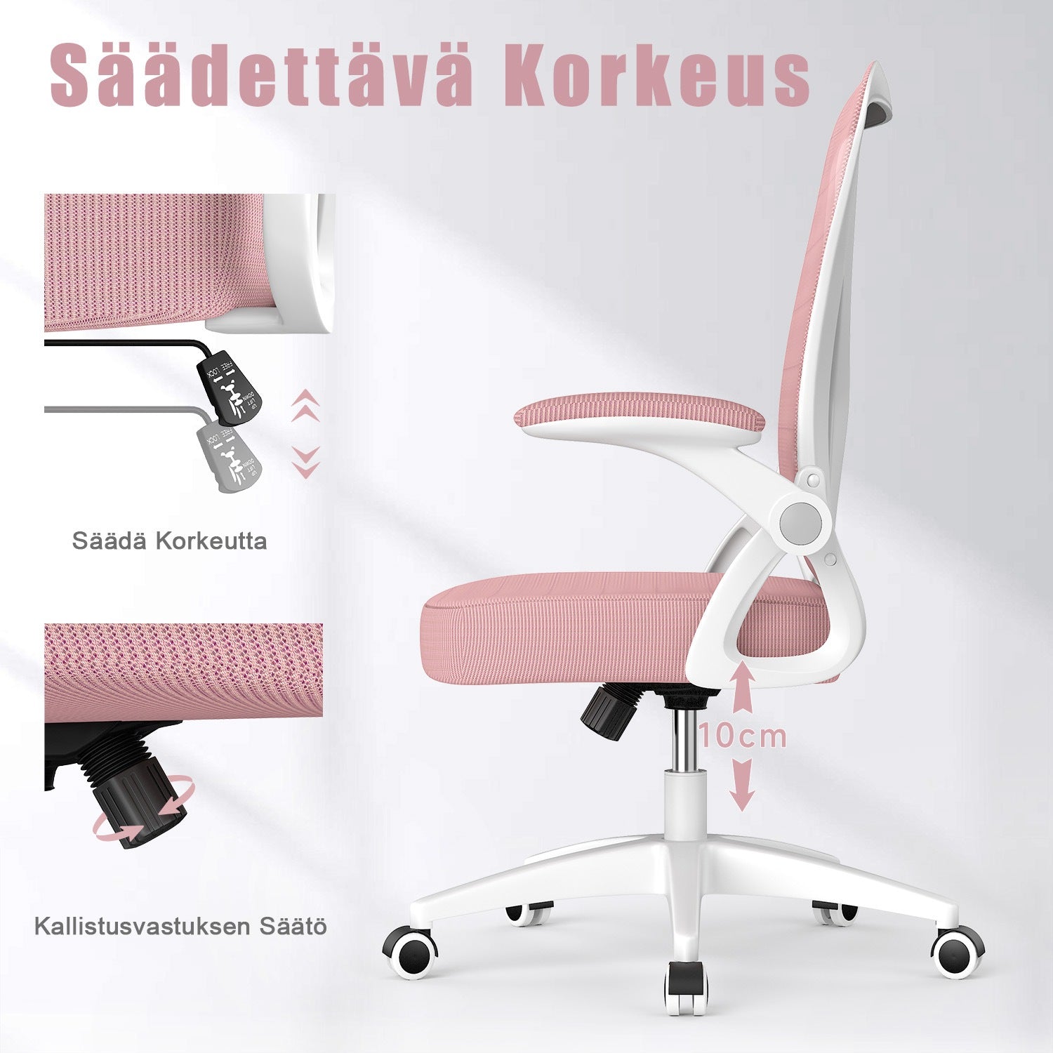 Toimistotuoli Ergonominen Työtuoli, Jossa 90° Ylös Taittuva Käsinoja, Korkeussäädettävä Työtuoli