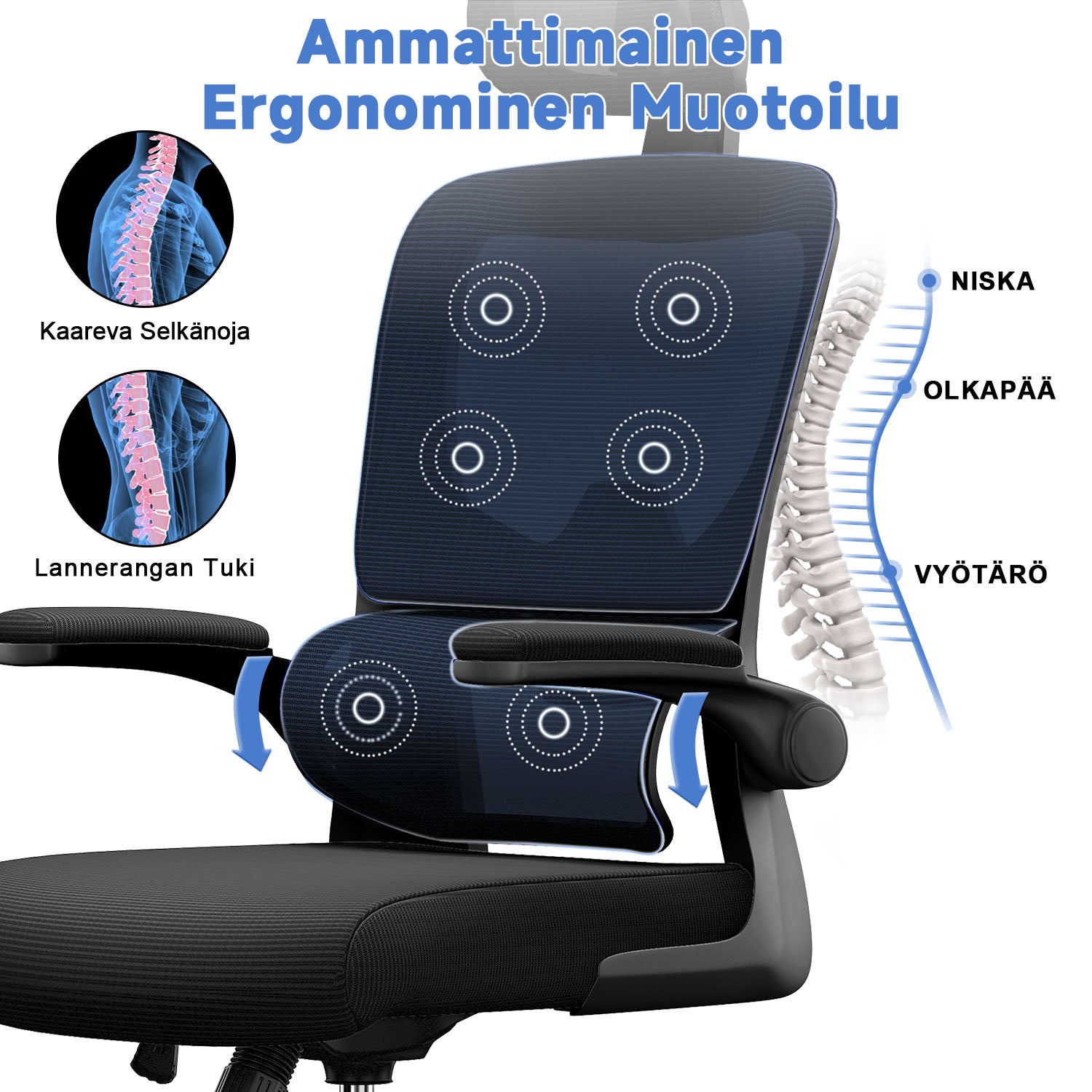Toimistotuoli, Ergonominen Työtuoli, Pyörivä Tietokonetuoli Pehmustetulla Istuintyynyllä Kotiin/Toimistoon, eEnimmäiskuorma 150 kg