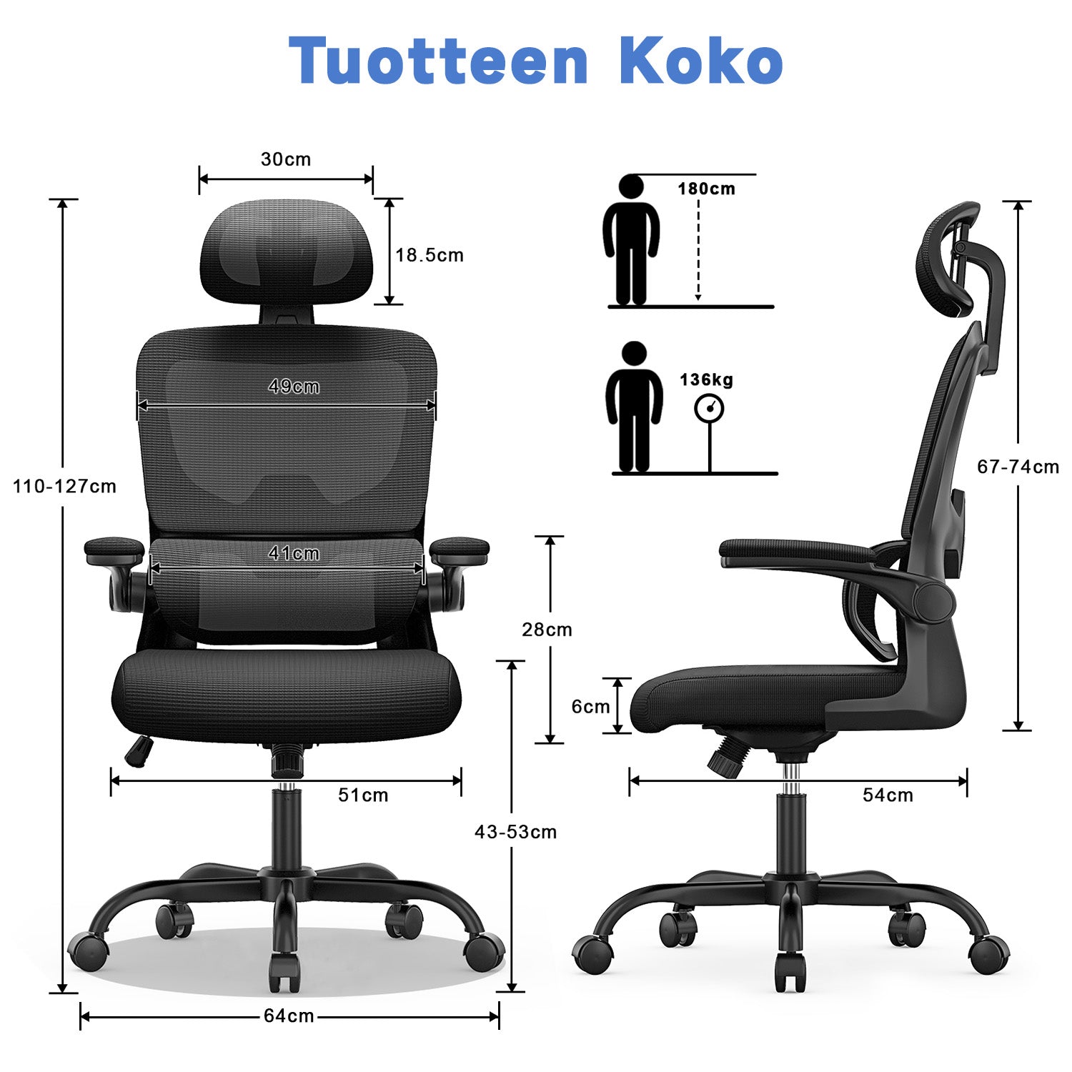 Toimistotuoli, Ergonominen Työtuoli, Pyörivä Tietokonetuoli Pehmustetulla Istuintyynyllä Kotiin/Toimistoon, eEnimmäiskuorma 150 kg
