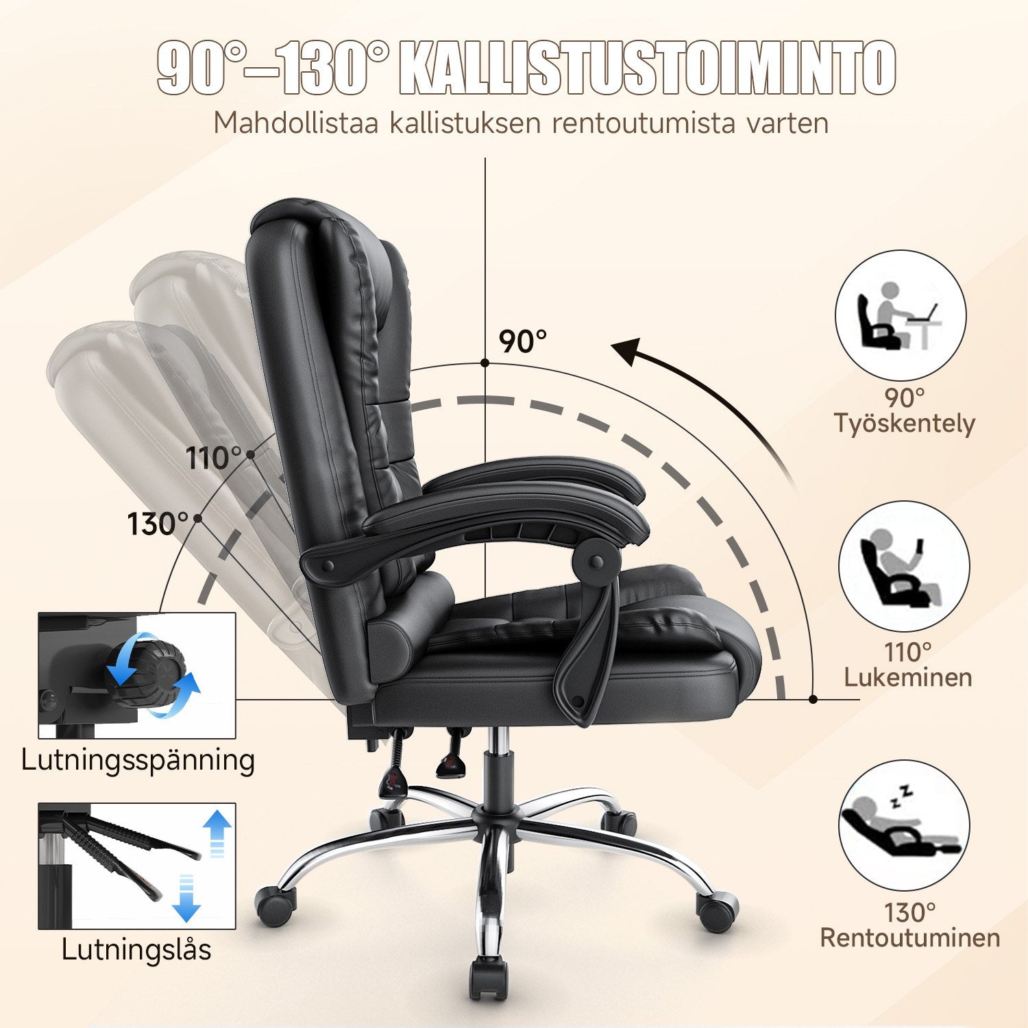 Ergonominen Toimistotuoli, PU-nahkainen Korkea Selkänojainen Tietokonepöytä, Jossa Kallistustoiminto Kotitoimistotyöskentelyyn