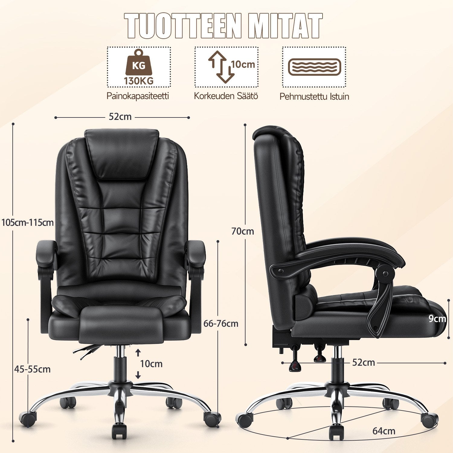 Ergonominen Toimistotuoli, PU-nahkainen Korkea Selkänojainen Tietokonepöytä, Jossa Kallistustoiminto Kotitoimistotyöskentelyyn