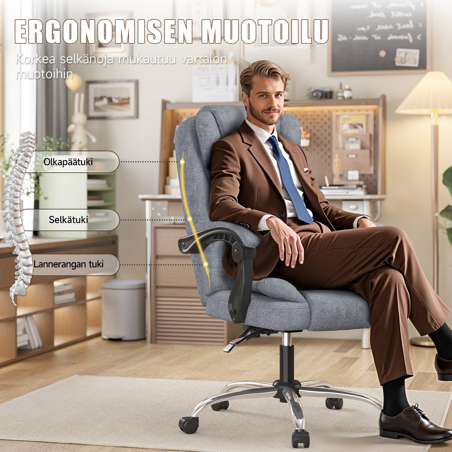 Ergonominen Toimistotuoli, PU-nahkainen Korkea Selkänojainen Tietokonepöytä, Jossa Kallistustoiminto Kotitoimistotyöskentelyyn