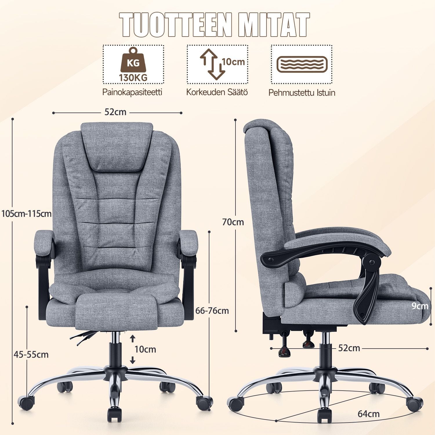 Ergonominen Toimistotuoli, PU-nahkainen Korkea Selkänojainen Tietokonepöytä, Jossa Kallistustoiminto Kotitoimistotyöskentelyyn
